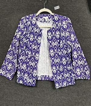 Chico's Blazer Jacket Womens Size 8 Purple White Tribal Ikat Print Office Casual